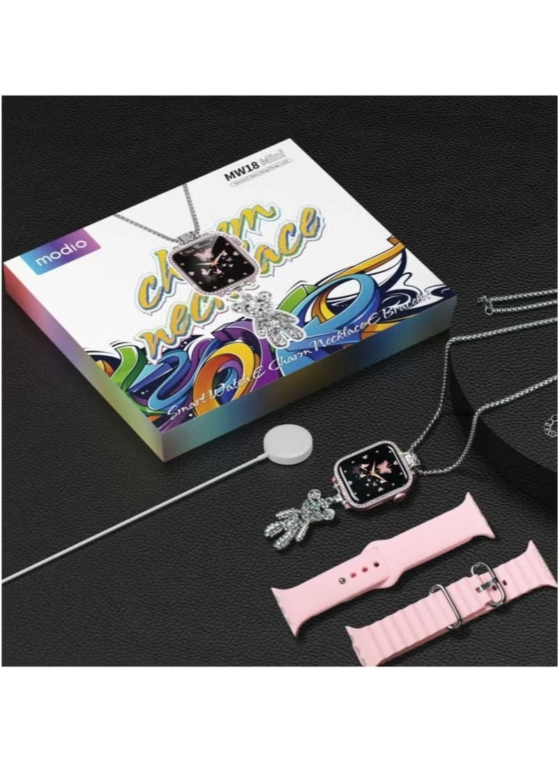 موديو ساعة ذكية MW18 Mini مقاس 36 مم بشاشة HD، مع سوارين قابلين للتبديل، سلسلة أنيقة واسوارة، شاحن لاسلكي، تتبع للياقة البدنية، قياس معدل ضربات القلب، مراقبة النوم وإشعارات المكالمات، تصميم نسائي مدمج – وردي - Image 4